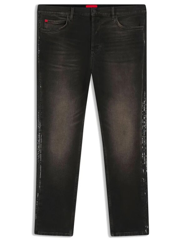 HUGO MENSWEAR - HUGO 634/4 TAPERED FIT JEANS, BLACK WITH HUGO LOGOS ON SIDE